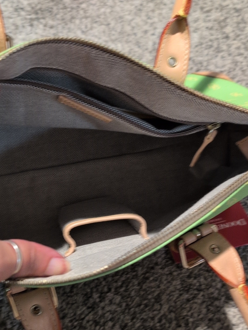 Dooney And Bourke Green Monogram Satchel Handbag with Tan Trim - Picture 6 of 10